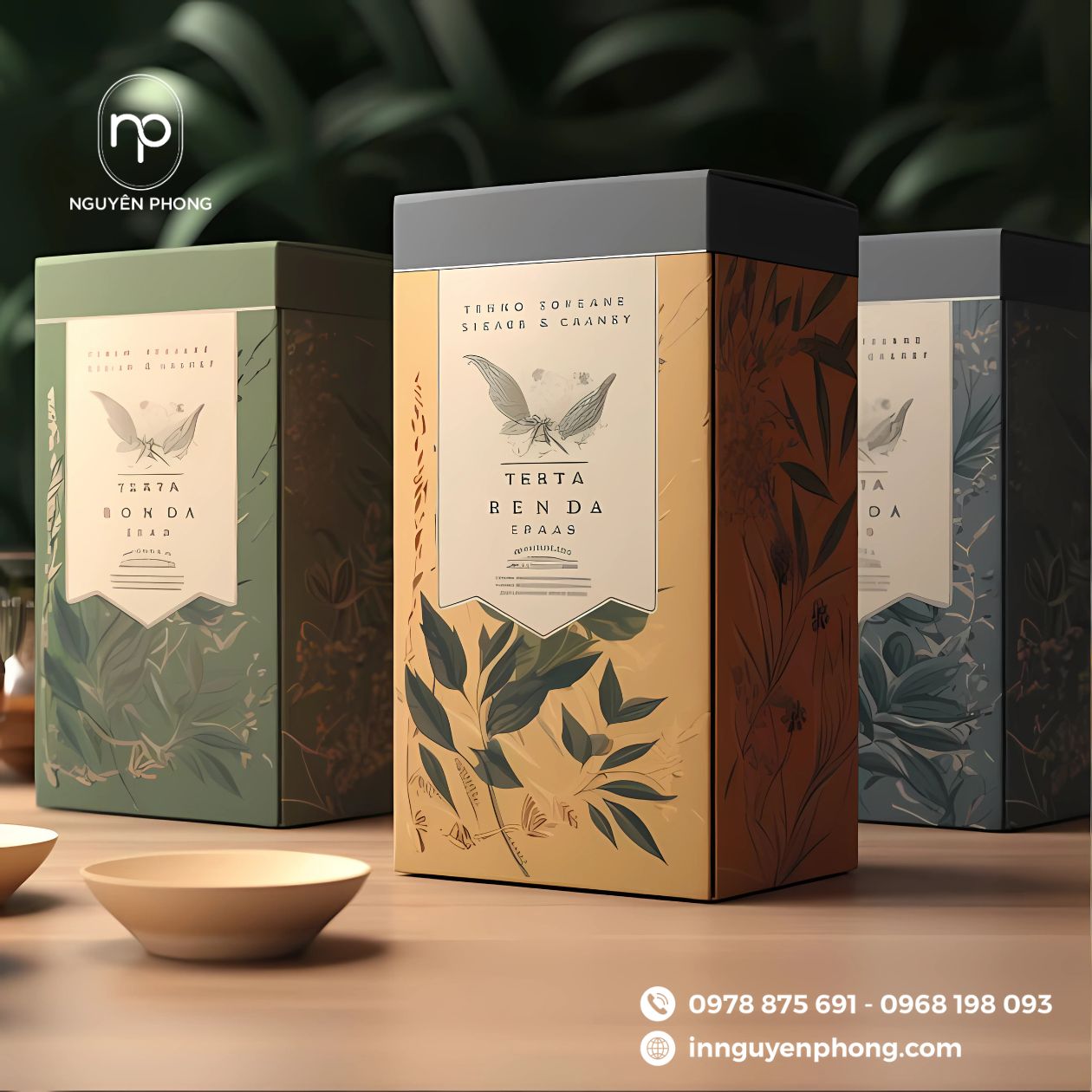 Mẫu in logo chè trên hộp giấy phong cách sang trọng 
